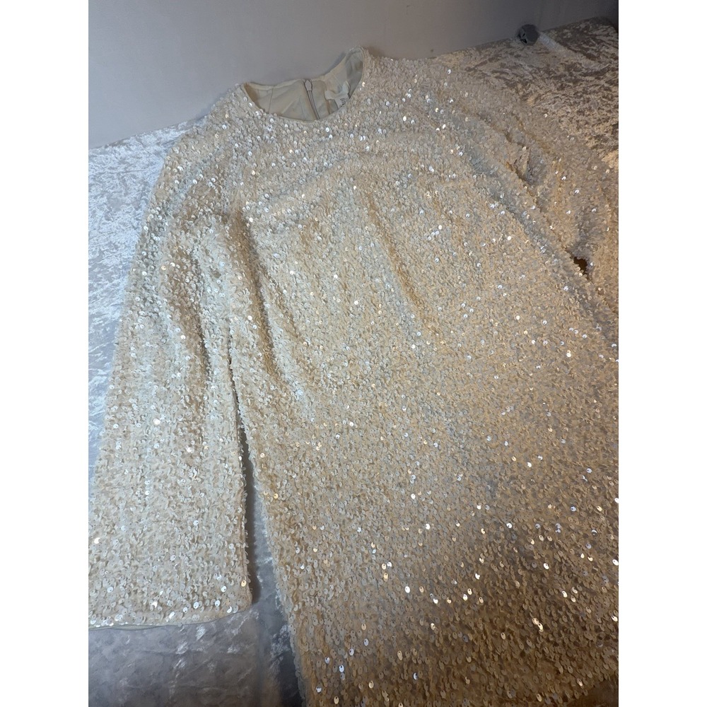 H&M Womens M Ivory Sequin Mini Dress Bell Sleeve Holiday Party Cocktail NWT - Picture 2 of 9